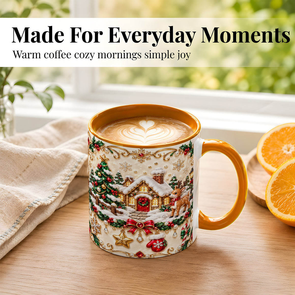 #pl[11oz|Orange] Festive Winter Cottage Coffee Mug, Reindeer Mug, Ceramic Cup