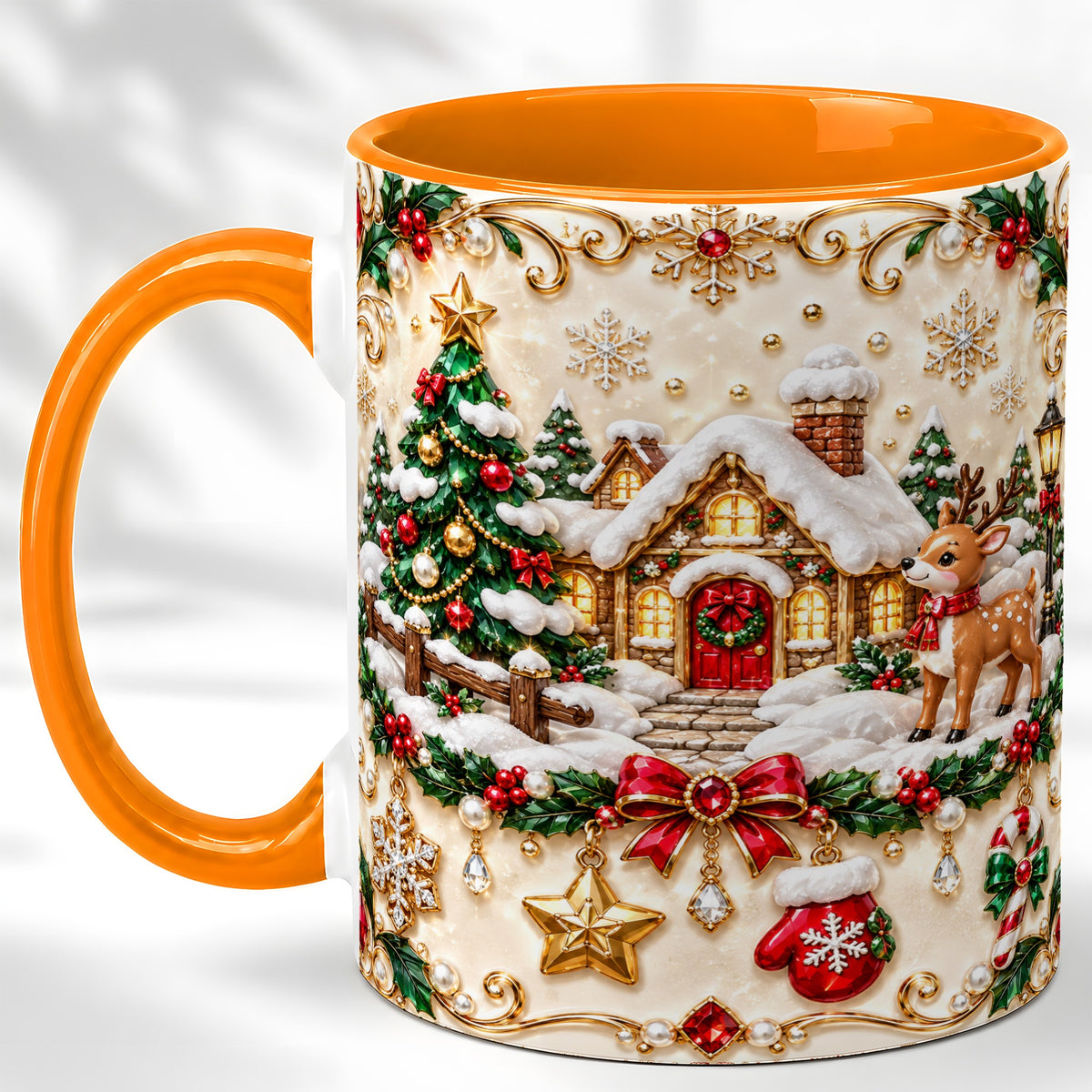 #pl[11oz|Orange] Festive Winter Cottage Coffee Mug, Reindeer Mug, Ceramic Cup