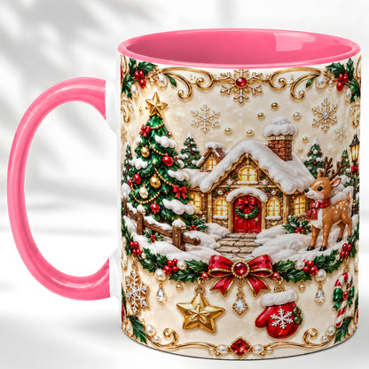 #pl[11oz|Pink] Festive Winter Cottage Coffee Mug, Reindeer Mug, Ceramic Cup