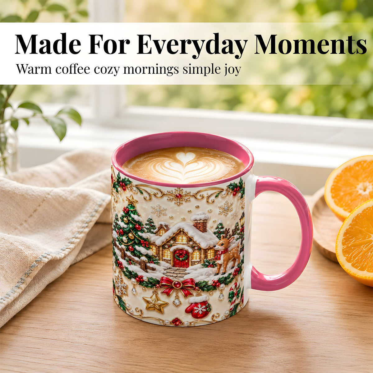 #pl[11oz|Pink] Festive Winter Cottage Coffee Mug, Reindeer Mug, Ceramic Cup