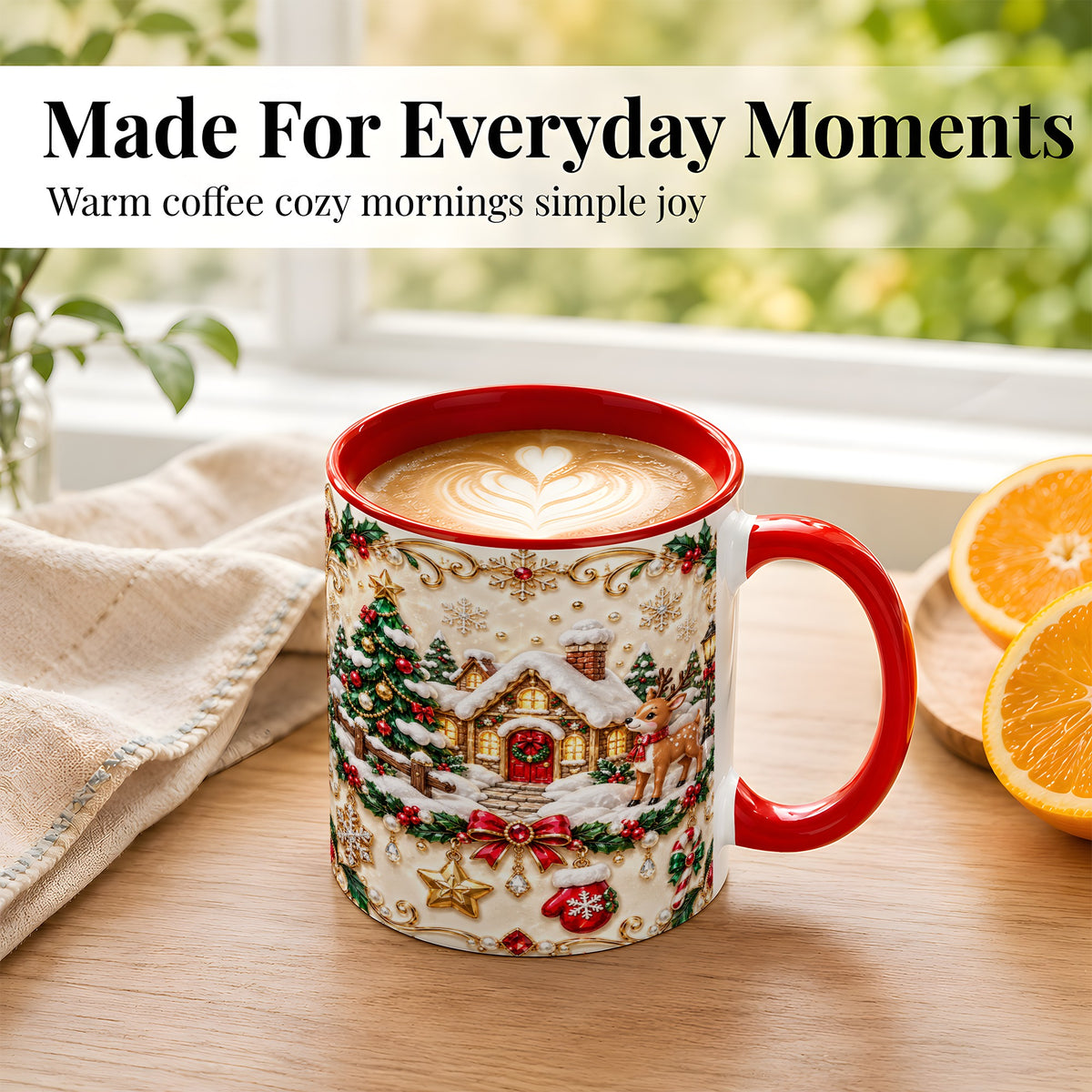 #pl[11oz|Red] Festive Winter Cottage Coffee Mug, Reindeer Mug, Ceramic Cup