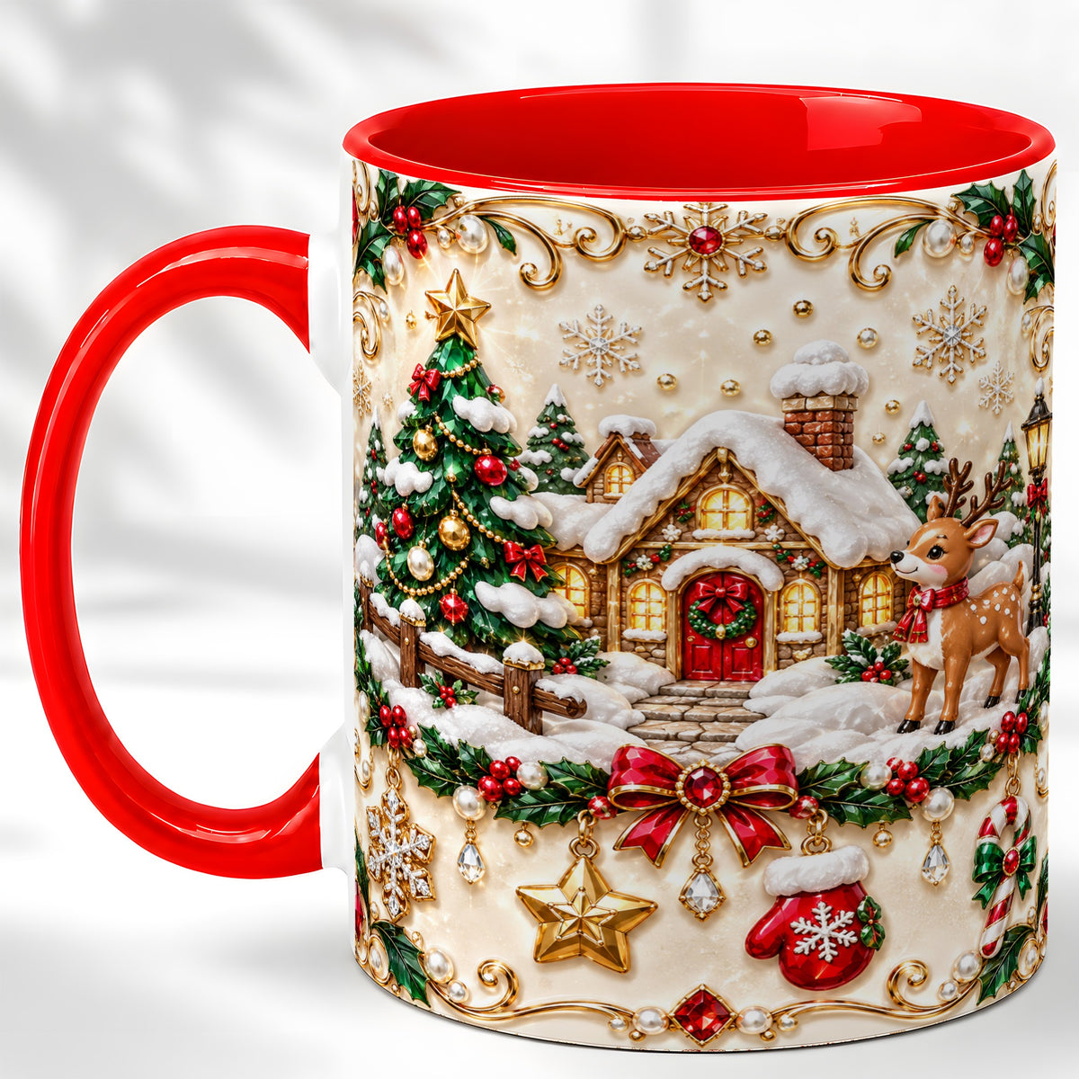 Festive Winter Cottage Coffee Mug, Reindeer Mug, Ceramic Cup