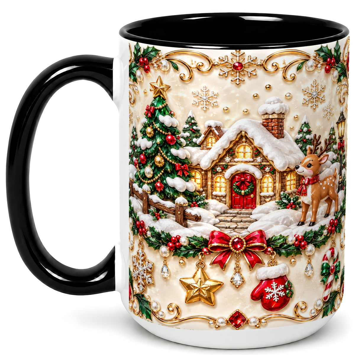 #pl[15oz|Black] Festive Winter Cottage Coffee Mug, Reindeer Mug, Ceramic Cup