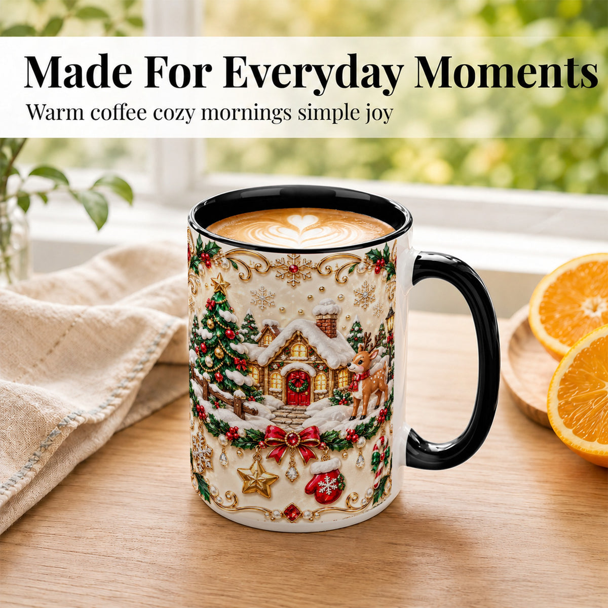 #pl[15oz|Black] Festive Winter Cottage Coffee Mug, Reindeer Mug, Ceramic Cup