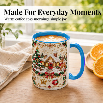 #pl[15oz|Blue] Festive Winter Cottage Coffee Mug, Reindeer Mug, Ceramic Cup