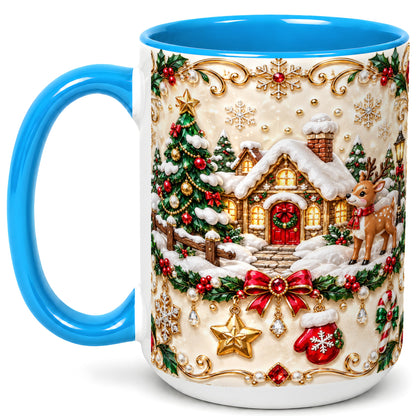 #pl[15oz|Blue] Festive Winter Cottage Coffee Mug, Reindeer Mug, Ceramic Cup