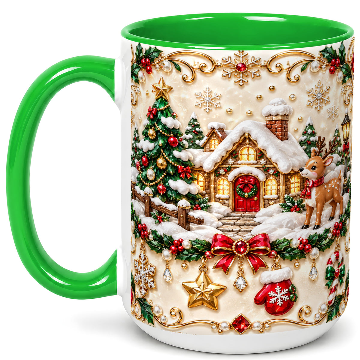 #pl[15oz|Green] Festive Winter Cottage Coffee Mug, Reindeer Mug, Ceramic Cup