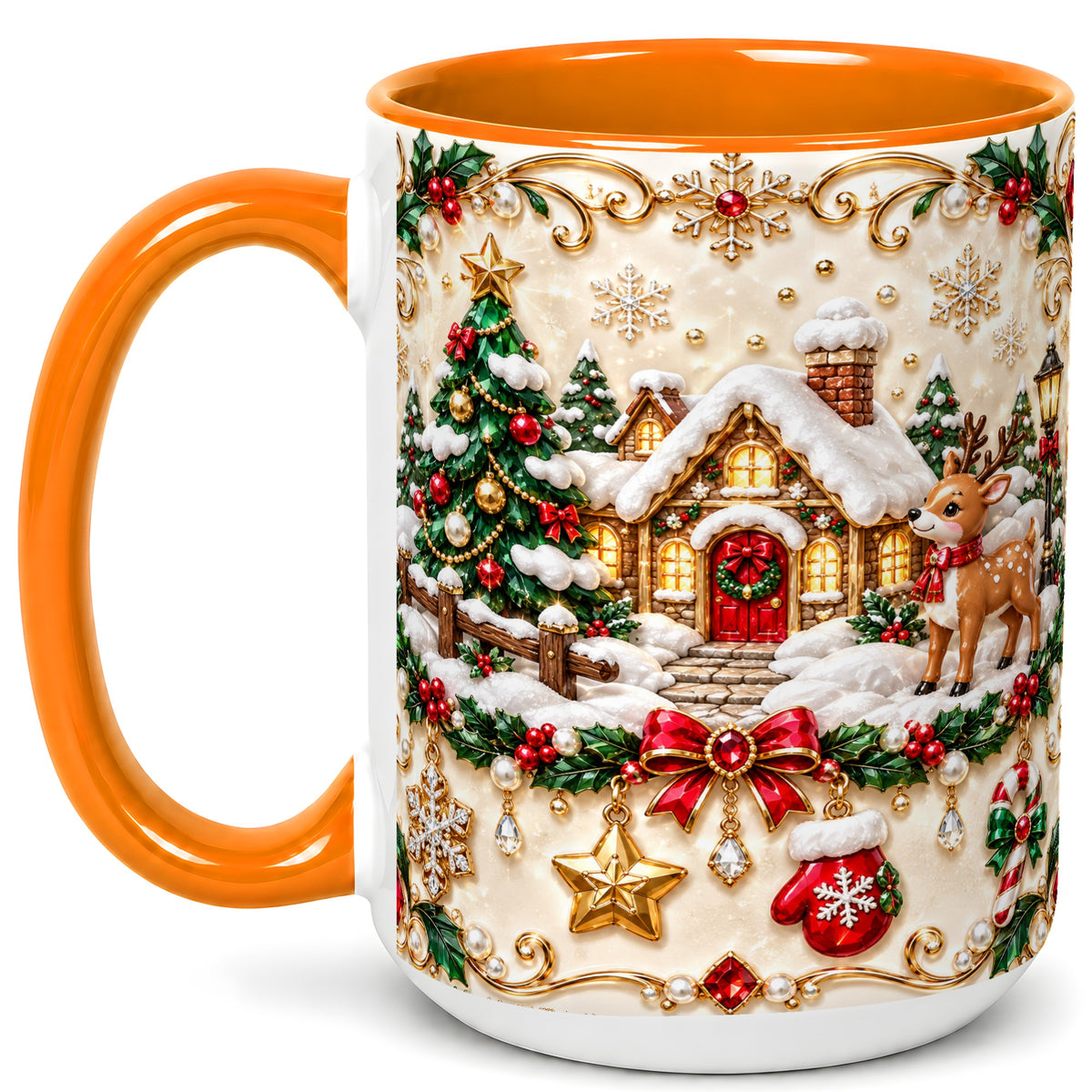 #pl[15oz|Orange] Festive Winter Cottage Coffee Mug, Reindeer Mug, Ceramic Cup