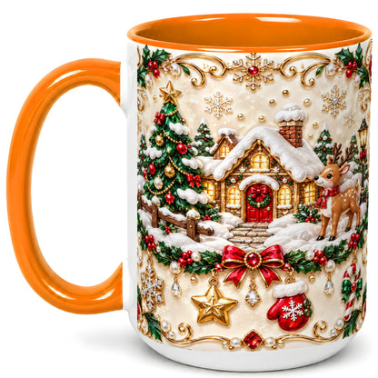#pl[15oz|Orange] Festive Winter Cottage Coffee Mug, Reindeer Mug, Ceramic Cup