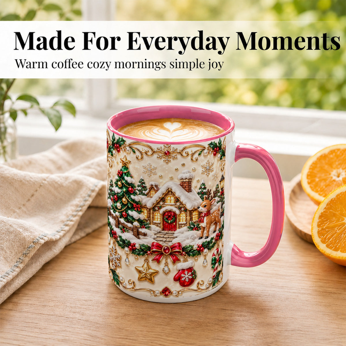 #pl[15oz|Pink] Festive Winter Cottage Coffee Mug, Reindeer Mug, Ceramic Cup