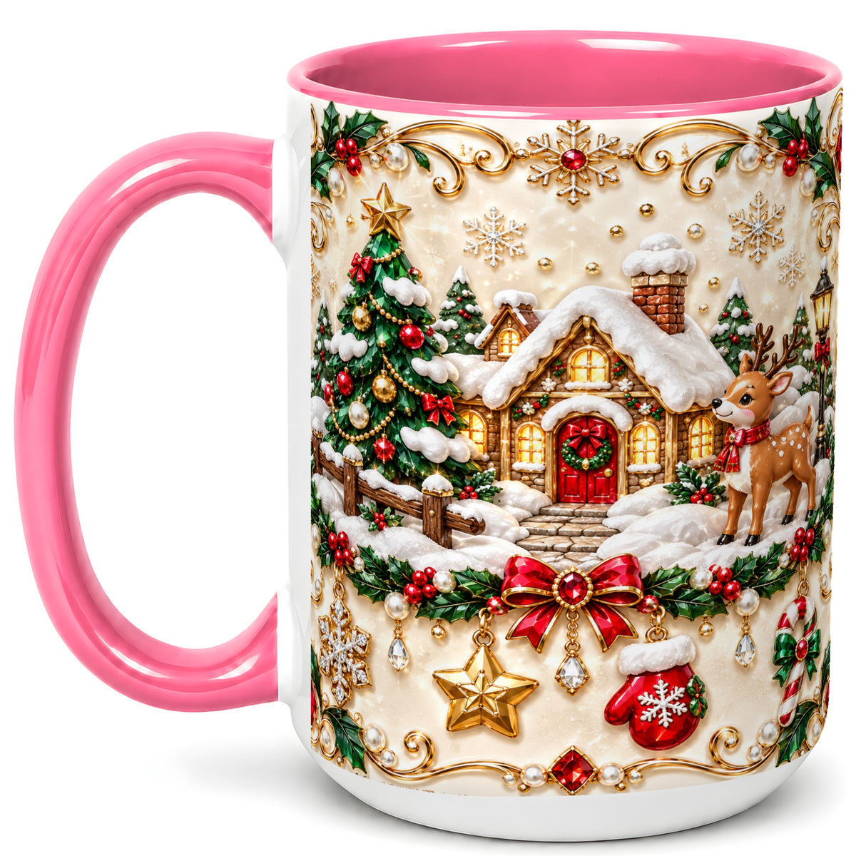 #pl[15oz|Pink] Festive Winter Cottage Coffee Mug, Reindeer Mug, Ceramic Cup