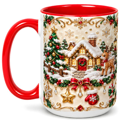 #pl[15oz|Red] Festive Winter Cottage Coffee Mug, Reindeer Mug, Ceramic Cup