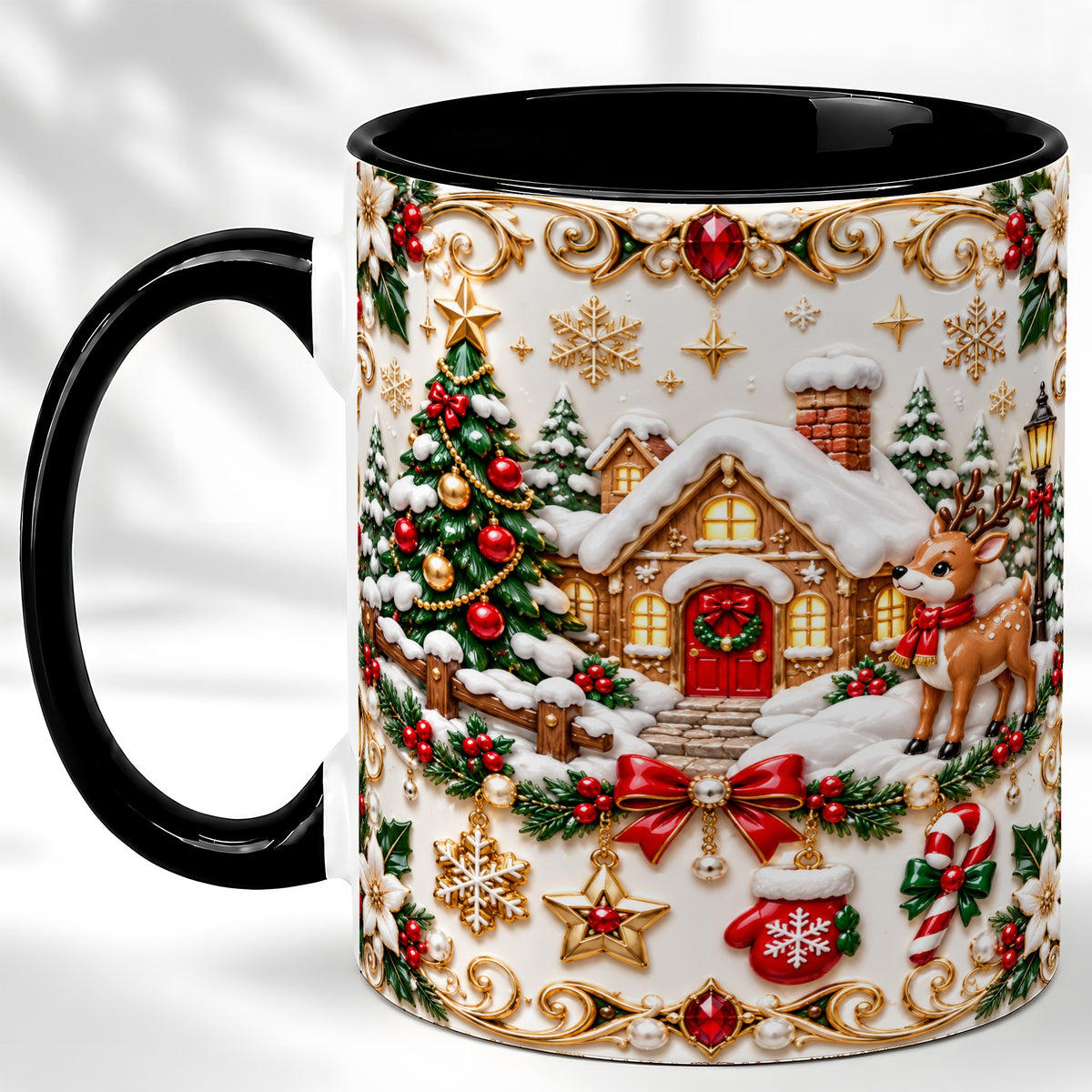 #pl[11oz|Black] Poinsettia Winter Cottage Coffee Mug, Reindeer Mug, Ceramic Cup
