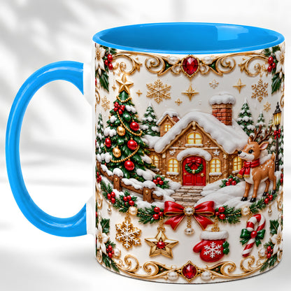 #pl[11oz|Blue] Poinsettia Winter Cottage Coffee Mug, Reindeer Mug, Ceramic Cup
