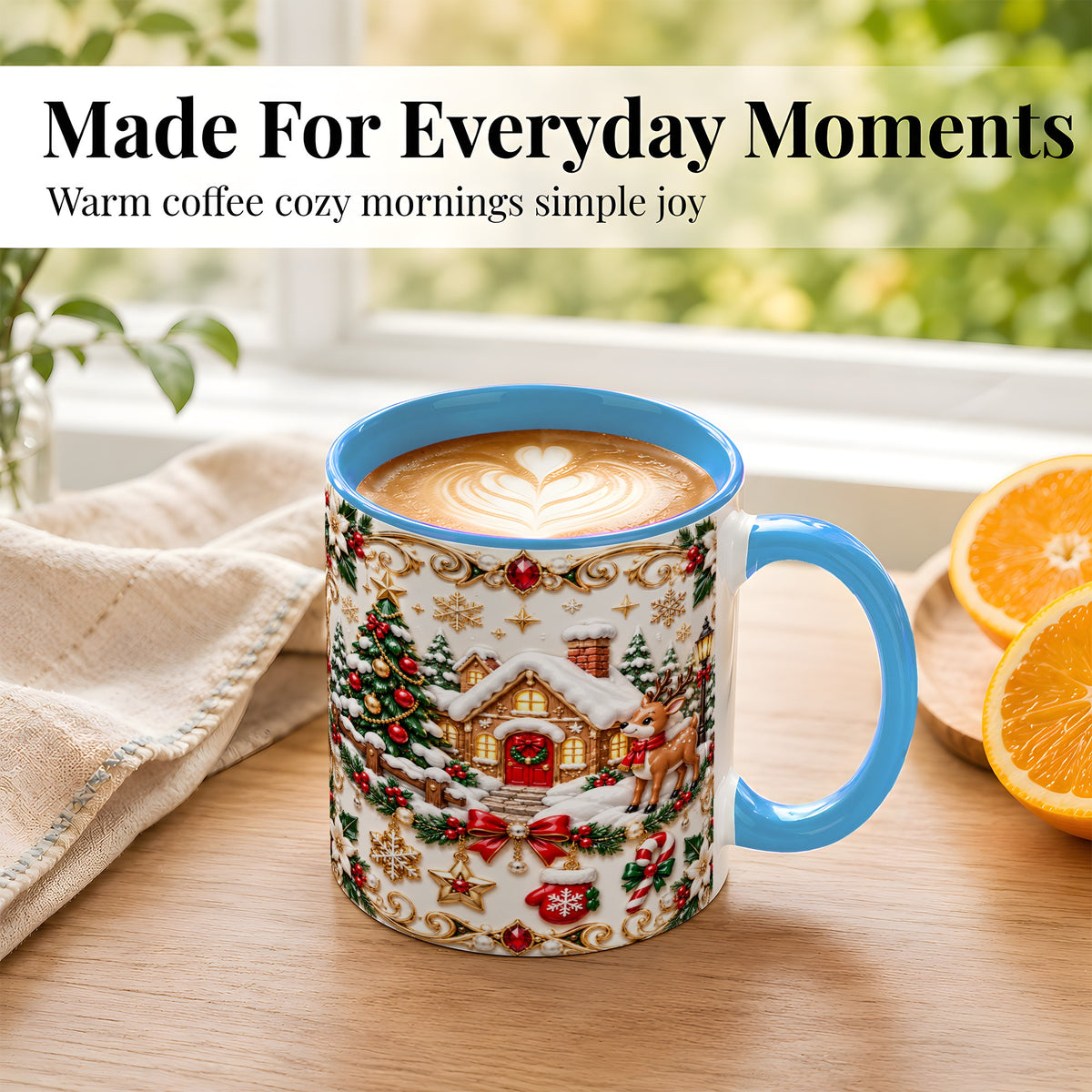 #pl[11oz|Blue] Poinsettia Winter Cottage Coffee Mug, Reindeer Mug, Ceramic Cup