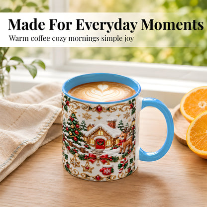 #pl[11oz|Blue] Poinsettia Winter Cottage Coffee Mug, Reindeer Mug, Ceramic Cup