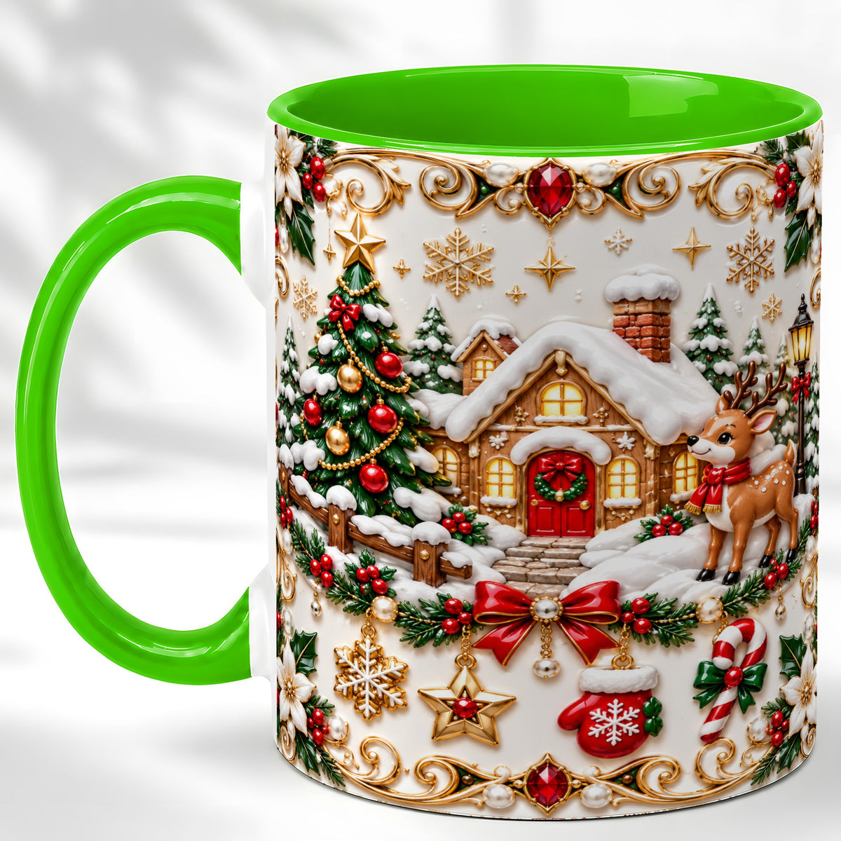 #pl[11oz|Green] Poinsettia Winter Cottage Coffee Mug, Reindeer Mug, Ceramic Cup