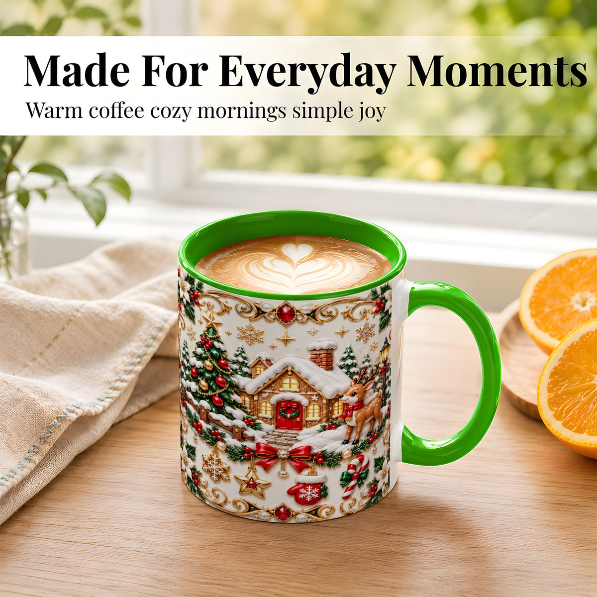 #pl[11oz|Green] Poinsettia Winter Cottage Coffee Mug, Reindeer Mug, Ceramic Cup