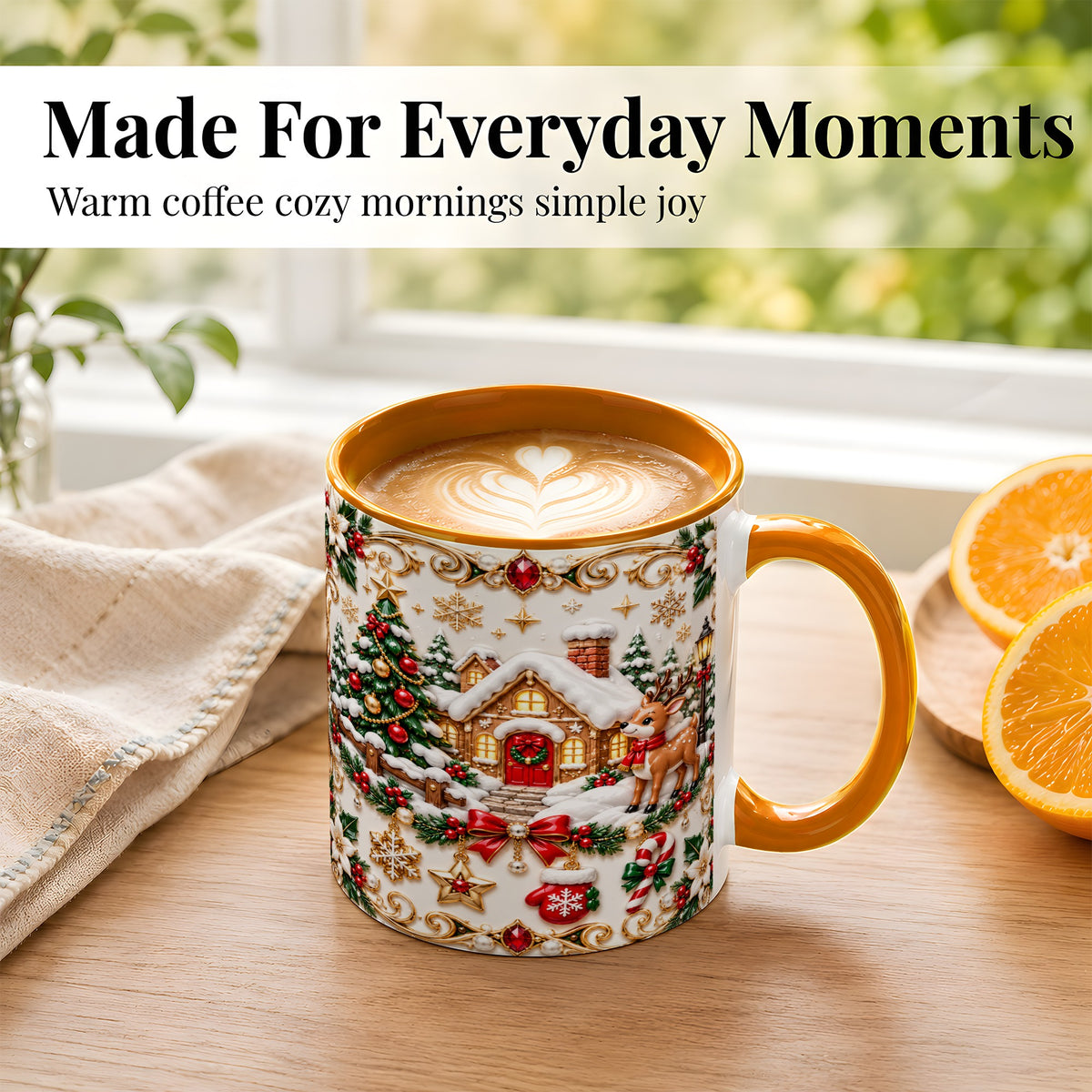 #pl[11oz|Orange] Poinsettia Winter Cottage Coffee Mug, Reindeer Mug, Ceramic Cup