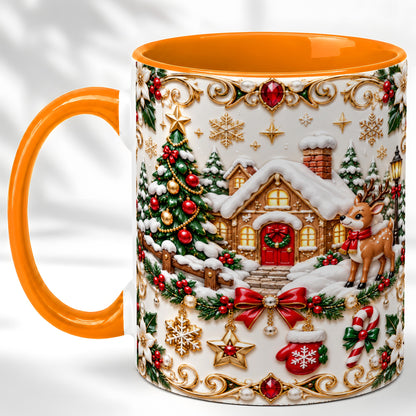#pl[11oz|Orange] Poinsettia Winter Cottage Coffee Mug, Reindeer Mug, Ceramic Cup