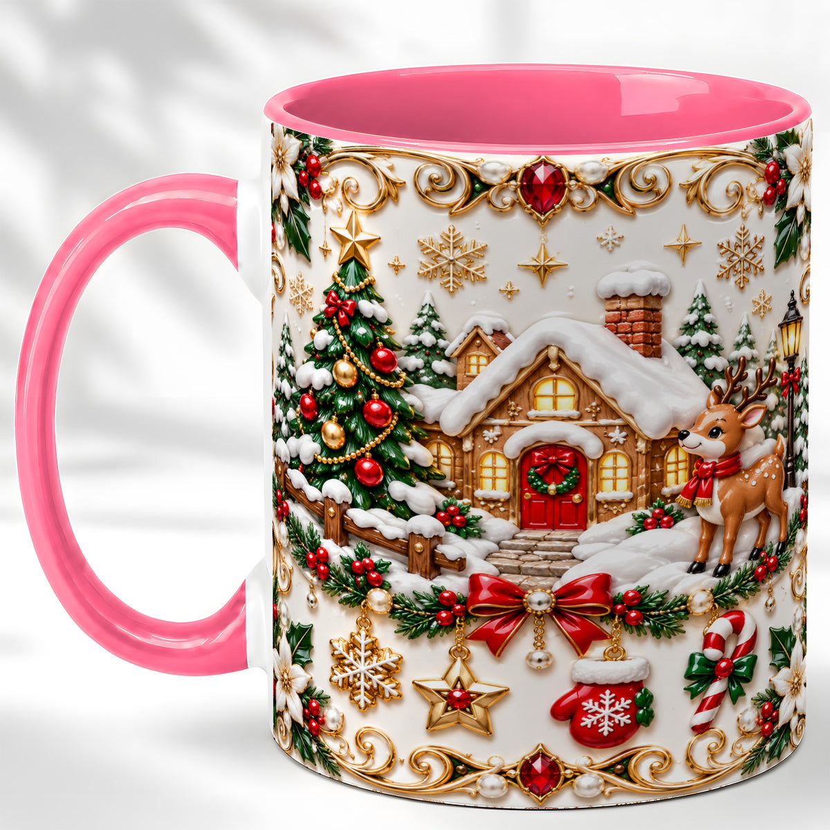 #pl[11oz|Pink] Poinsettia Winter Cottage Coffee Mug, Reindeer Mug, Ceramic Cup