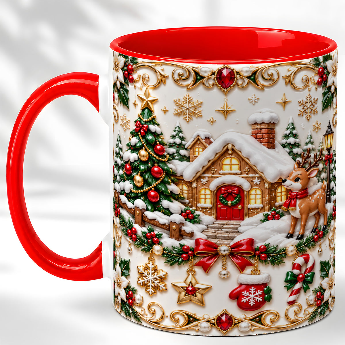 Poinsettia Winter Cottage Coffee Mug, Reindeer Mug, Ceramic Cup