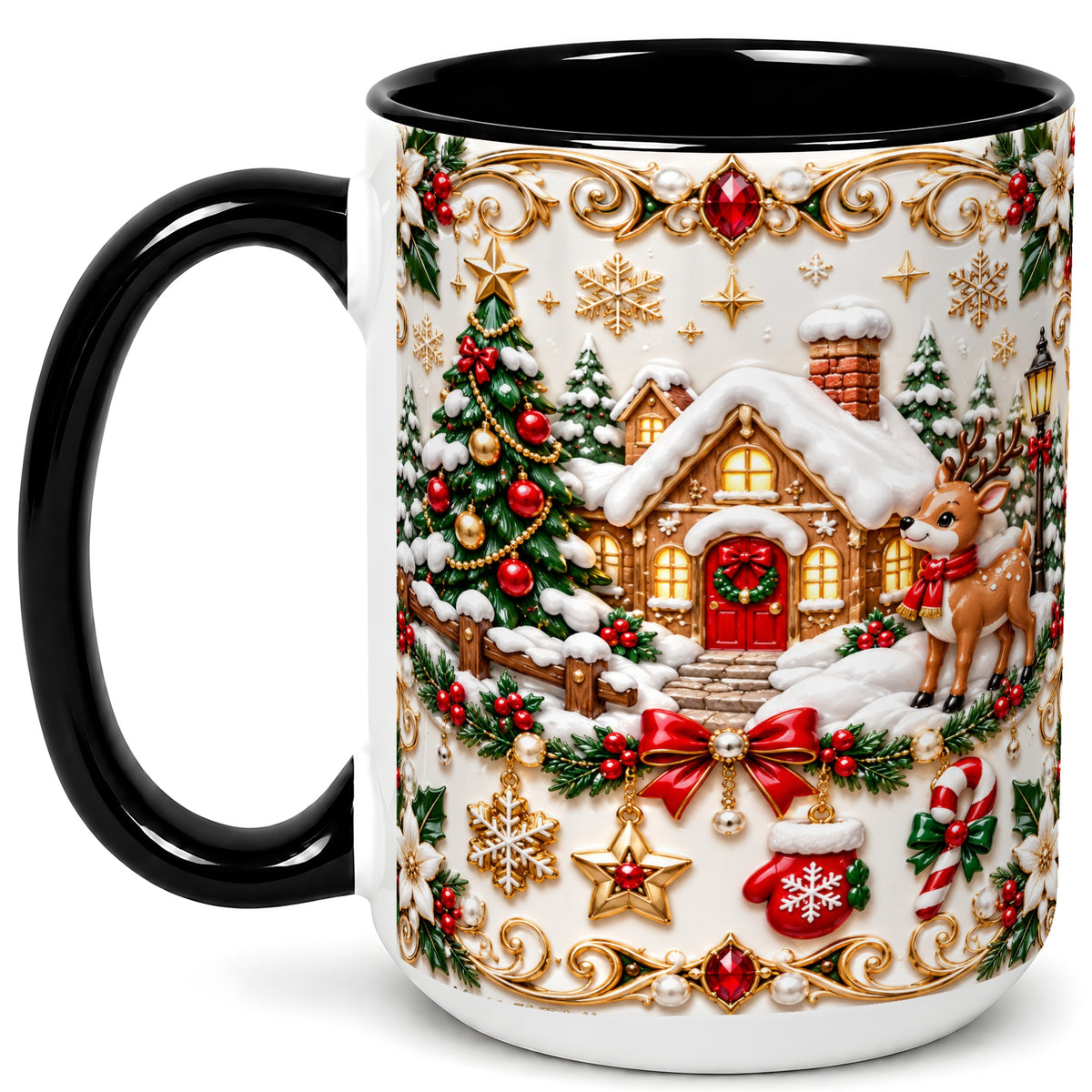 #pl[15oz|Black] Poinsettia Winter Cottage Coffee Mug, Reindeer Mug, Ceramic Cup