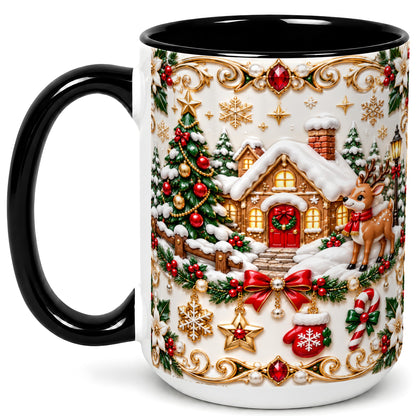 #pl[15oz|Black] Poinsettia Winter Cottage Coffee Mug, Reindeer Mug, Ceramic Cup