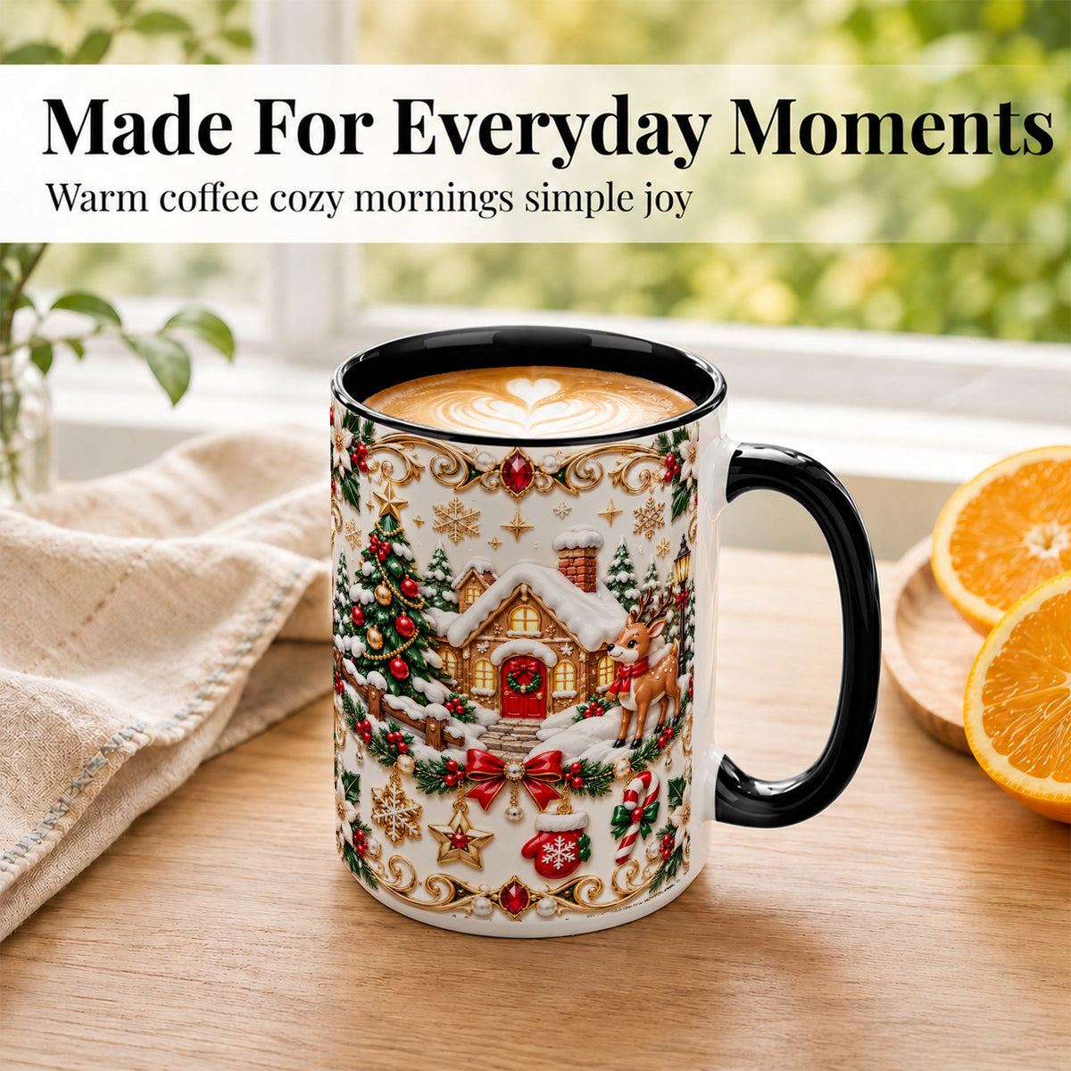 #pl[15oz|Black] Poinsettia Winter Cottage Coffee Mug, Reindeer Mug, Ceramic Cup
