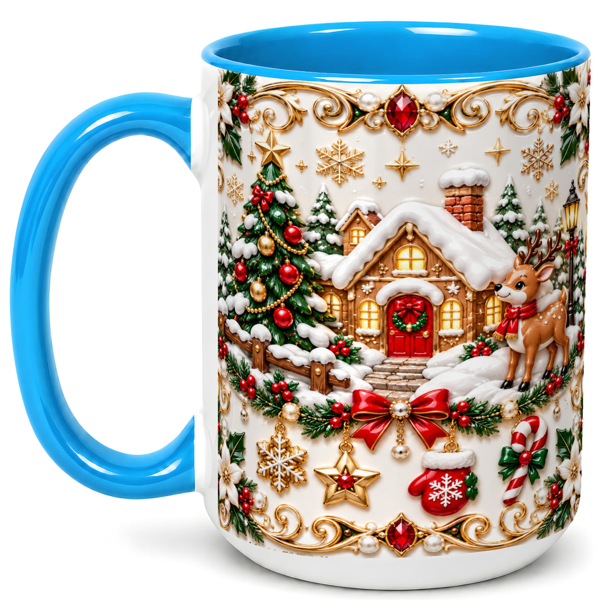 #pl[15oz|Blue] Poinsettia Winter Cottage Coffee Mug, Reindeer Mug, Ceramic Cup
