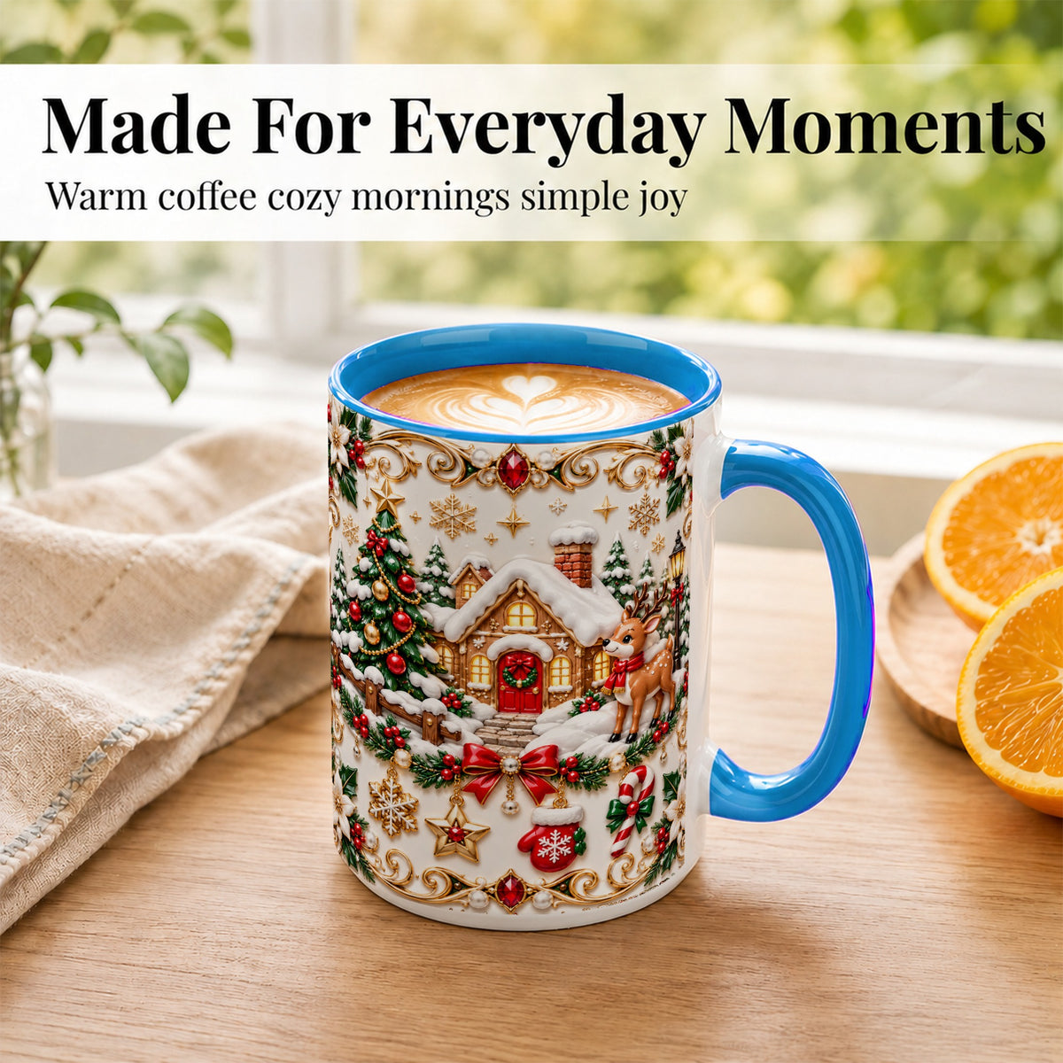 #pl[15oz|Blue] Poinsettia Winter Cottage Coffee Mug, Reindeer Mug, Ceramic Cup