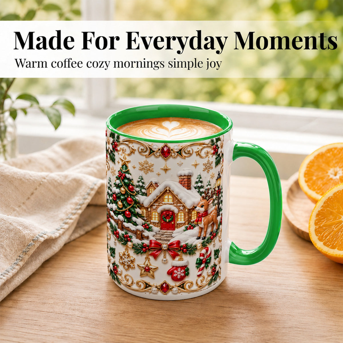 #pl[15oz|Green] Poinsettia Winter Cottage Coffee Mug, Reindeer Mug, Ceramic Cup