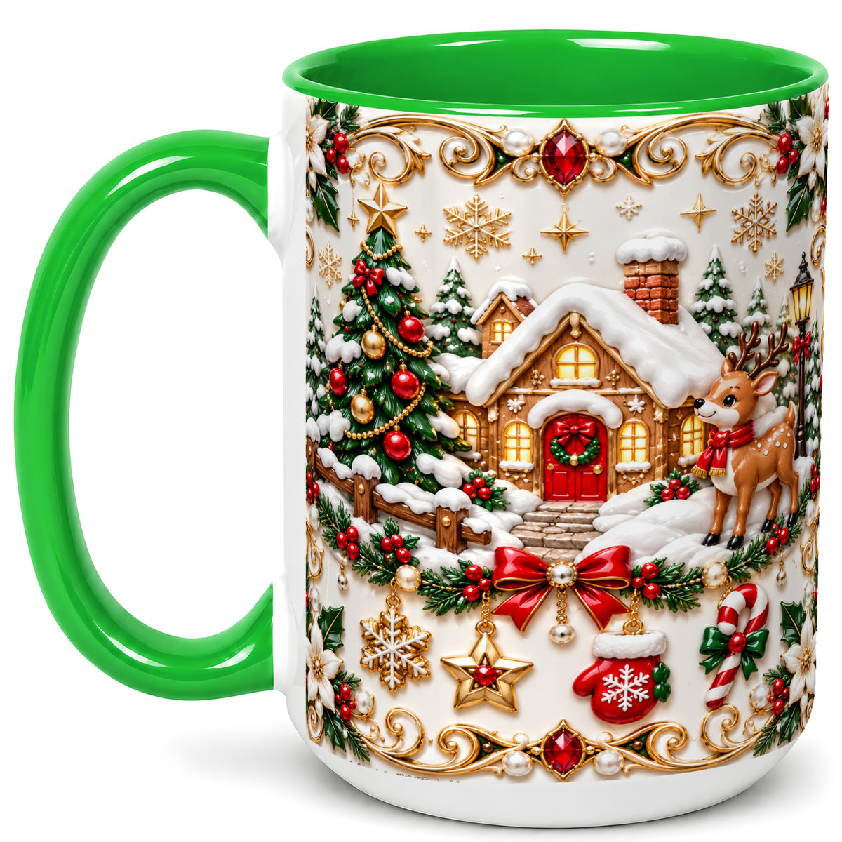 #pl[15oz|Green] Poinsettia Winter Cottage Coffee Mug, Reindeer Mug, Ceramic Cup