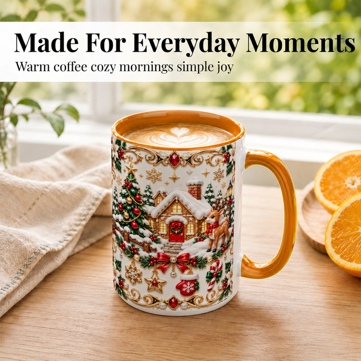 #pl[15oz|Orange] Poinsettia Winter Cottage Coffee Mug, Reindeer Mug, Ceramic Cup
