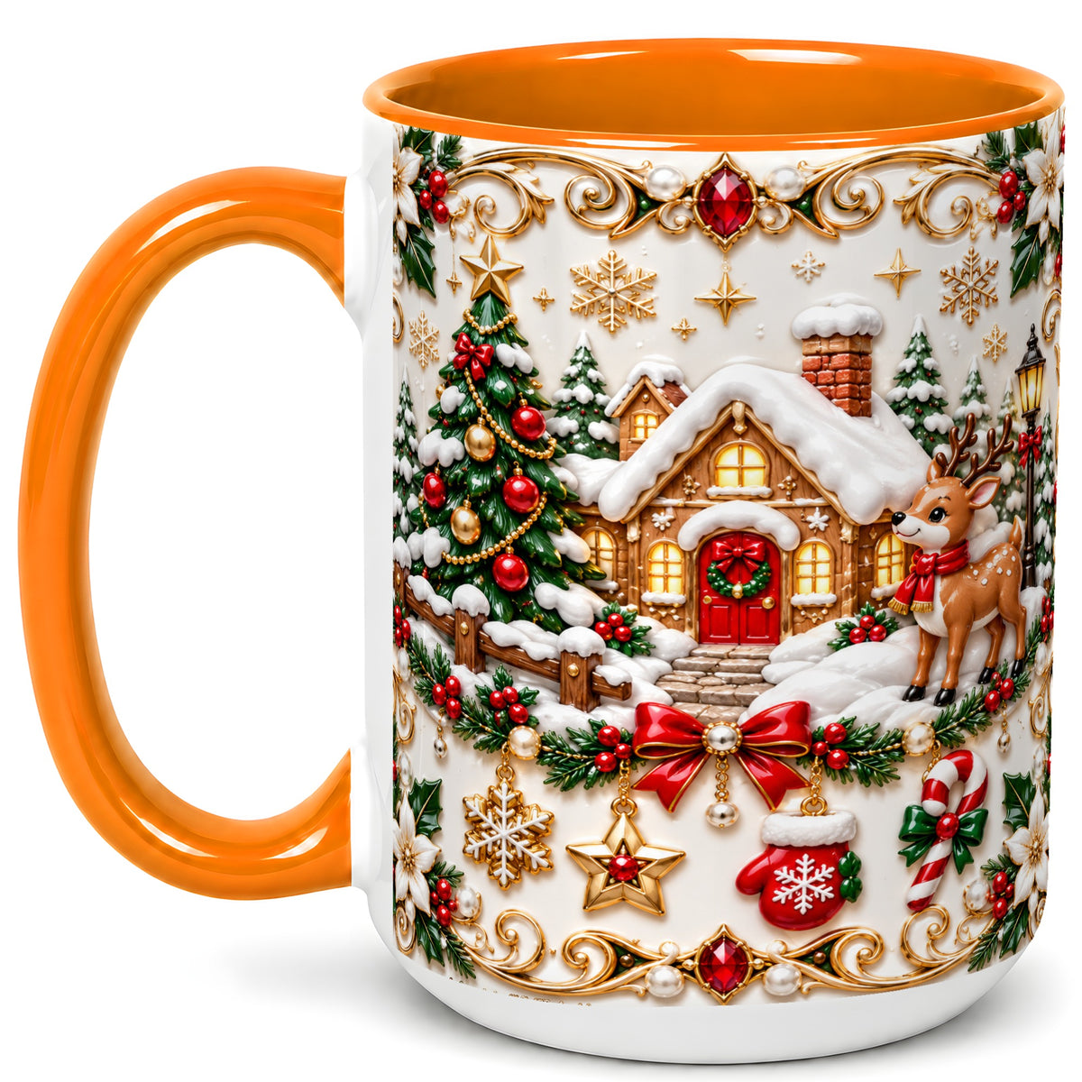 #pl[15oz|Orange] Poinsettia Winter Cottage Coffee Mug, Reindeer Mug, Ceramic Cup
