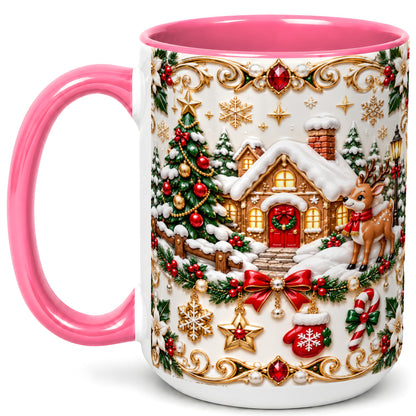 #pl[15oz|Pink] Poinsettia Winter Cottage Coffee Mug, Reindeer Mug, Ceramic Cup