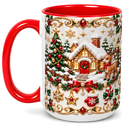 #pl[15oz|Red] Poinsettia Winter Cottage Coffee Mug, Reindeer Mug, Ceramic Cup