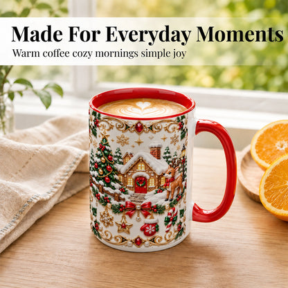 #pl[15oz|Red] Poinsettia Winter Cottage Coffee Mug, Reindeer Mug, Ceramic Cup