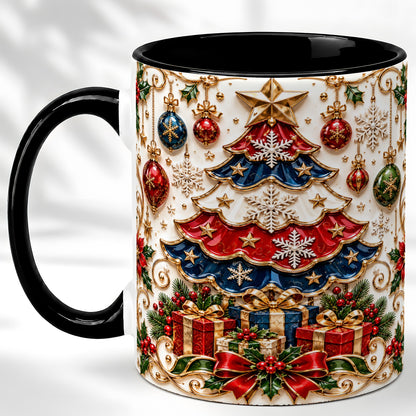 #pl[11oz|Black] Ornate Holiday Tree Coffee Mug, Snowflake Mug, Ceramic Cup