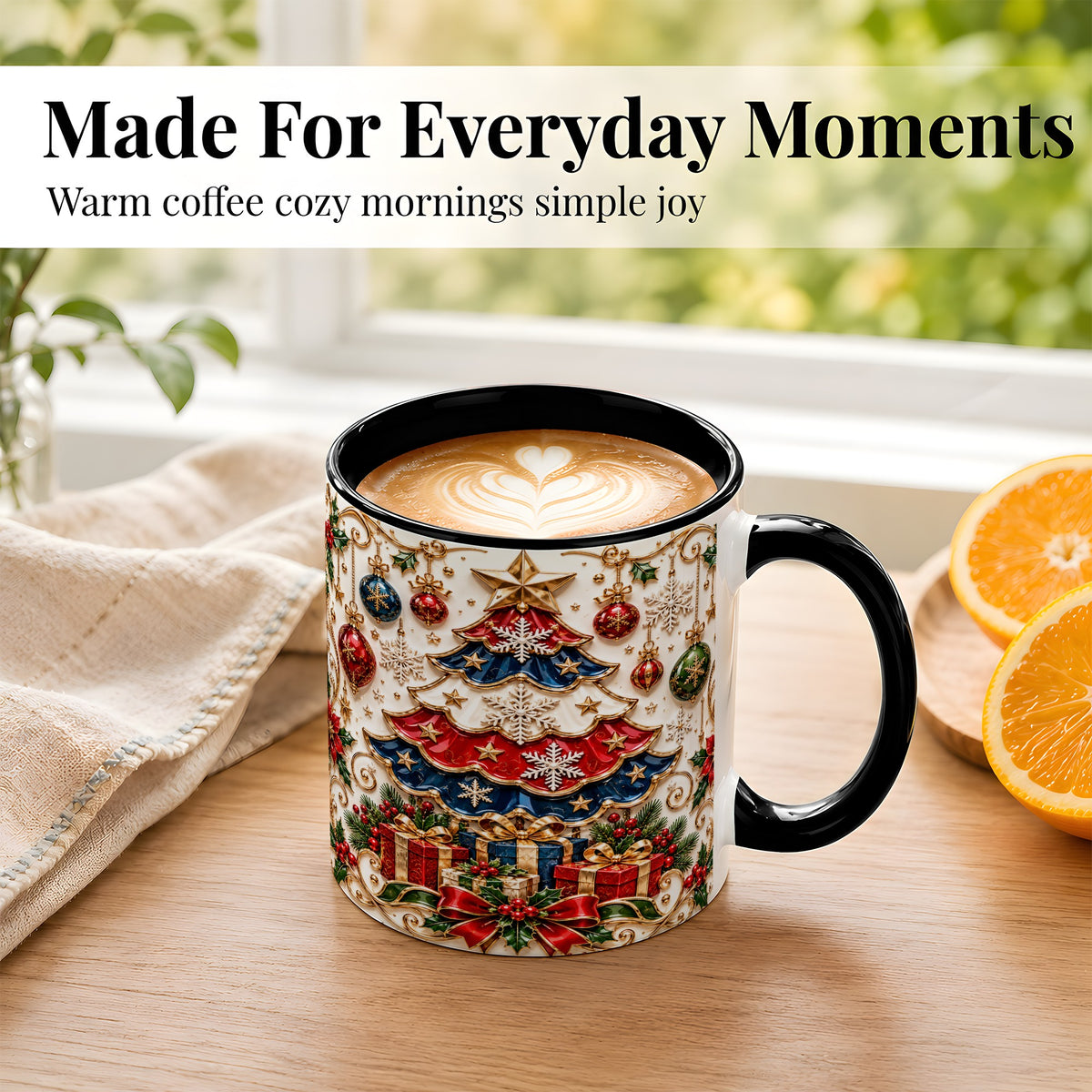 #pl[11oz|Black] Ornate Holiday Tree Coffee Mug, Snowflake Mug, Ceramic Cup