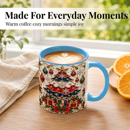 #pl[11oz|Blue] Ornate Holiday Tree Coffee Mug, Snowflake Mug, Ceramic Cup