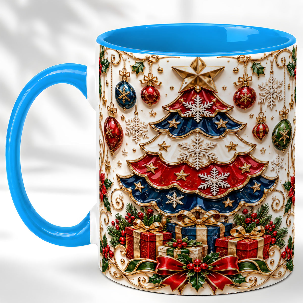 #pl[11oz|Blue] Ornate Holiday Tree Coffee Mug, Snowflake Mug, Ceramic Cup
