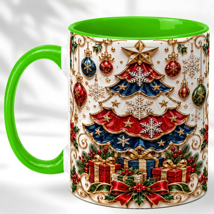 #pl[11oz|Green] Ornate Holiday Tree Coffee Mug, Snowflake Mug, Ceramic Cup