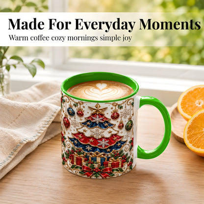 #pl[11oz|Green] Ornate Holiday Tree Coffee Mug, Snowflake Mug, Ceramic Cup