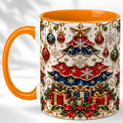 #pl[11oz|Orange] Ornate Holiday Tree Coffee Mug, Snowflake Mug, Ceramic Cup