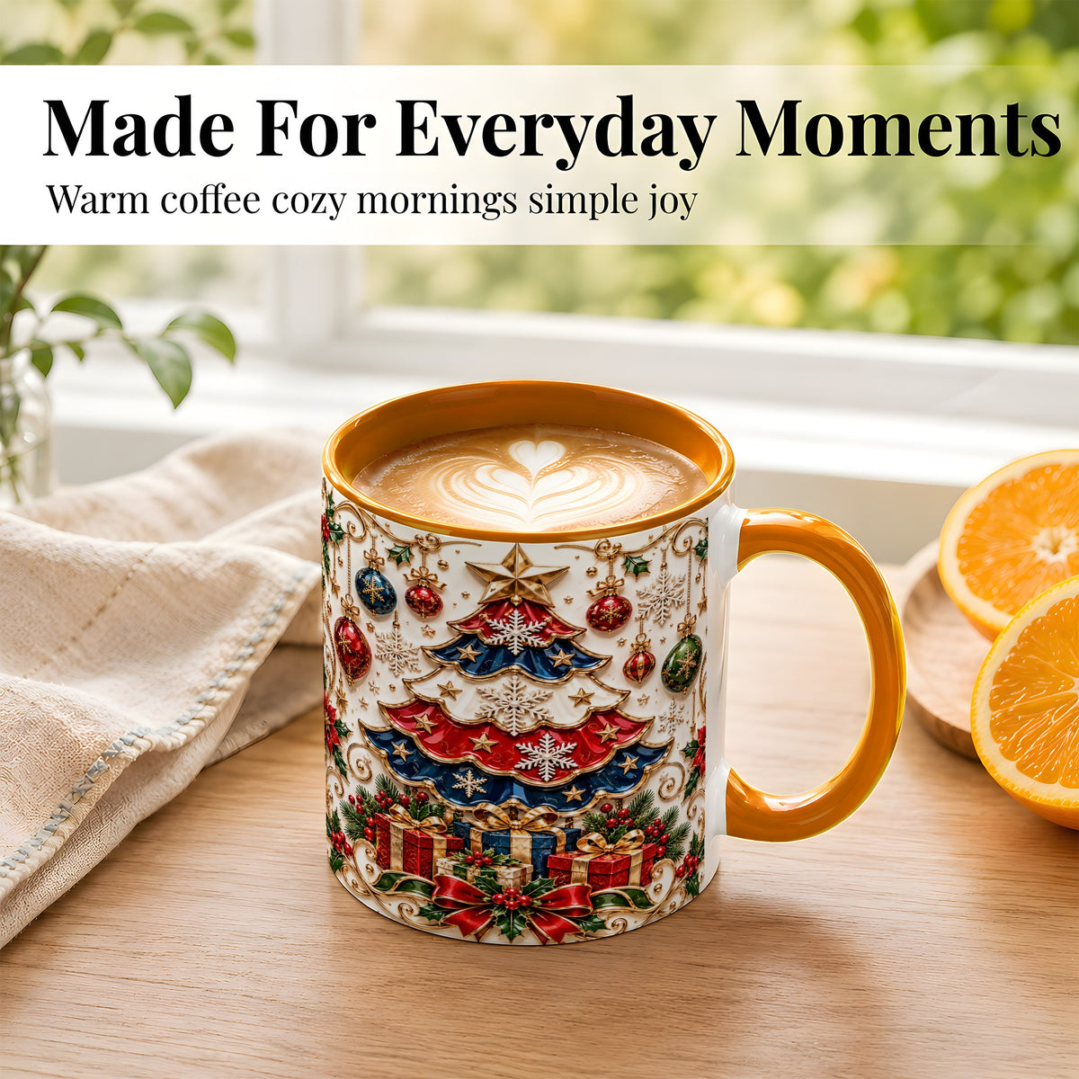 #pl[11oz|Orange] Ornate Holiday Tree Coffee Mug, Snowflake Mug, Ceramic Cup