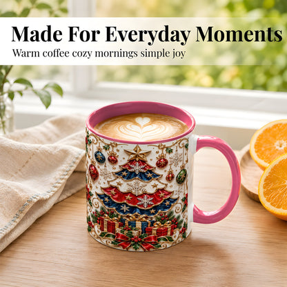 #pl[11oz|Pink] Ornate Holiday Tree Coffee Mug, Snowflake Mug, Ceramic Cup