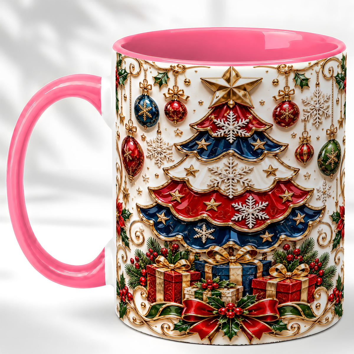#pl[11oz|Pink] Ornate Holiday Tree Coffee Mug, Snowflake Mug, Ceramic Cup