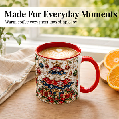 #pl[11oz|Red] Ornate Holiday Tree Coffee Mug, Snowflake Mug, Ceramic Cup