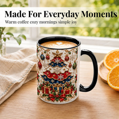 #pl[15oz|Black] Ornate Holiday Tree Coffee Mug, Snowflake Mug, Ceramic Cup